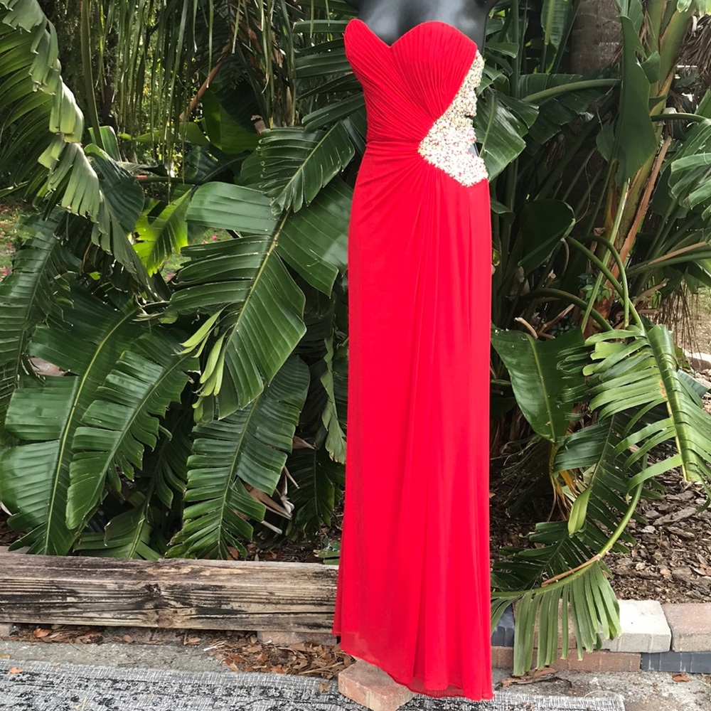 strapless ruched corset style jeweled gown